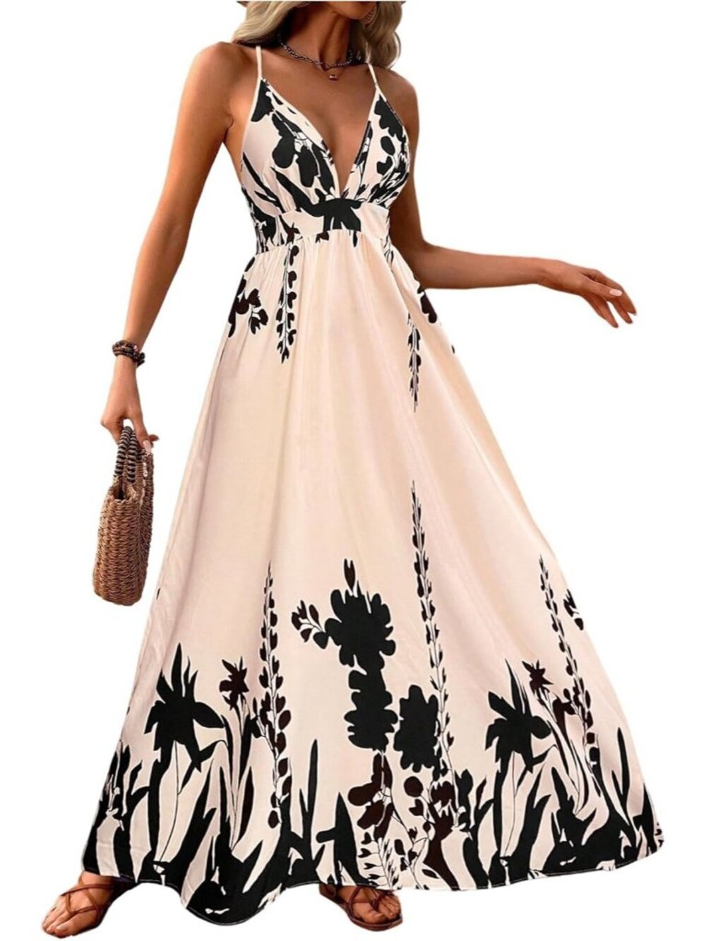 Women's Apricot Boho Flowy Maxi Backless Summer Beach Wedding Guest Hawaiian